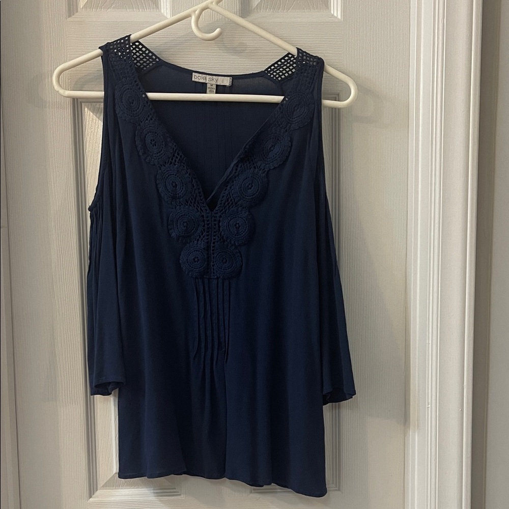 Chic Navy Blue Women's Blouse with Lace Detail